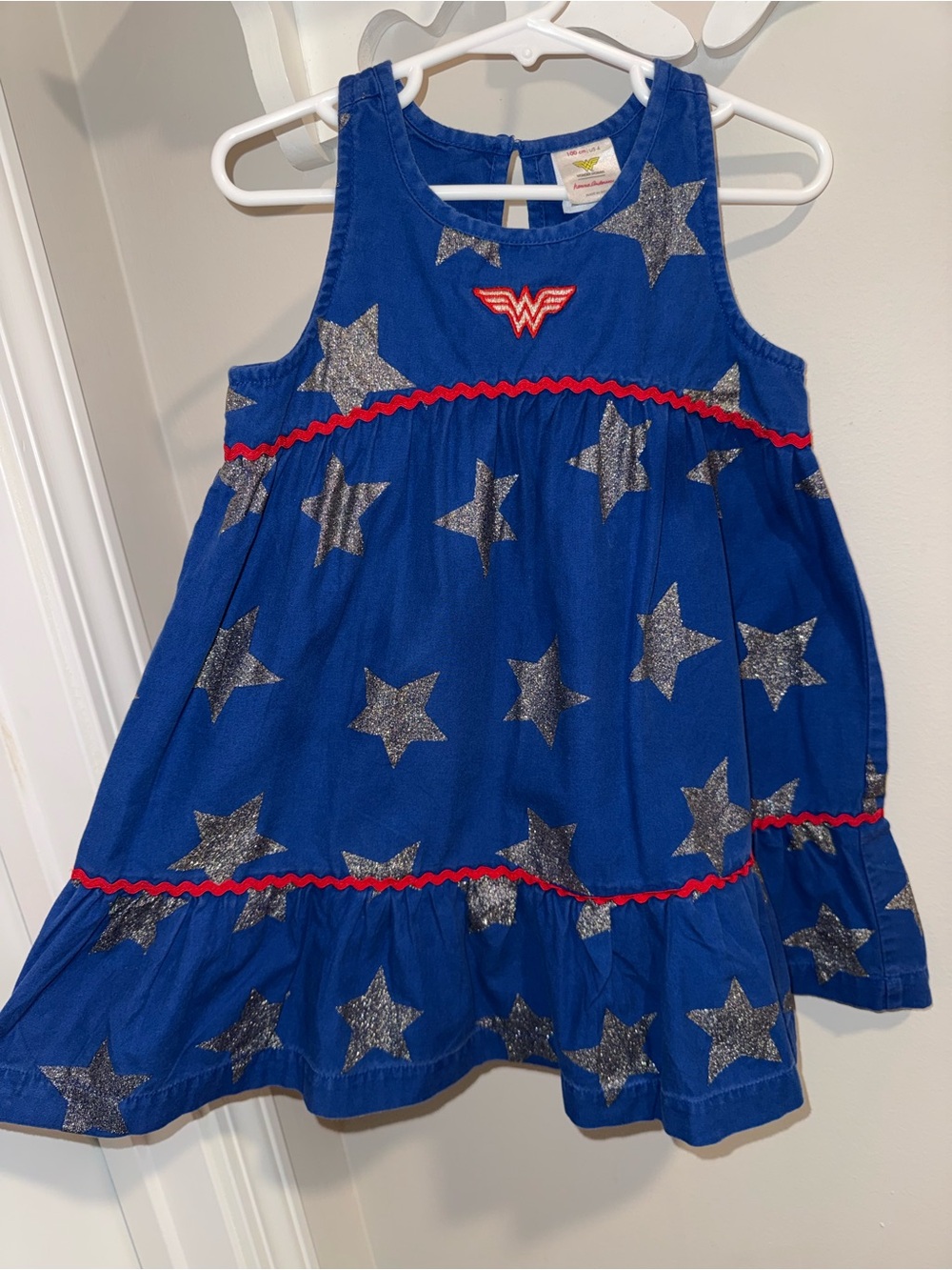 Hanna Andersson wonderwoman blue red and silver sparkle dress size 4 100 CM